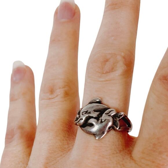 VTG Solid Silver Dolphin Ring 1990s Nautical Ocean Jewelry Sculptural Figural - Picture 5 of 10